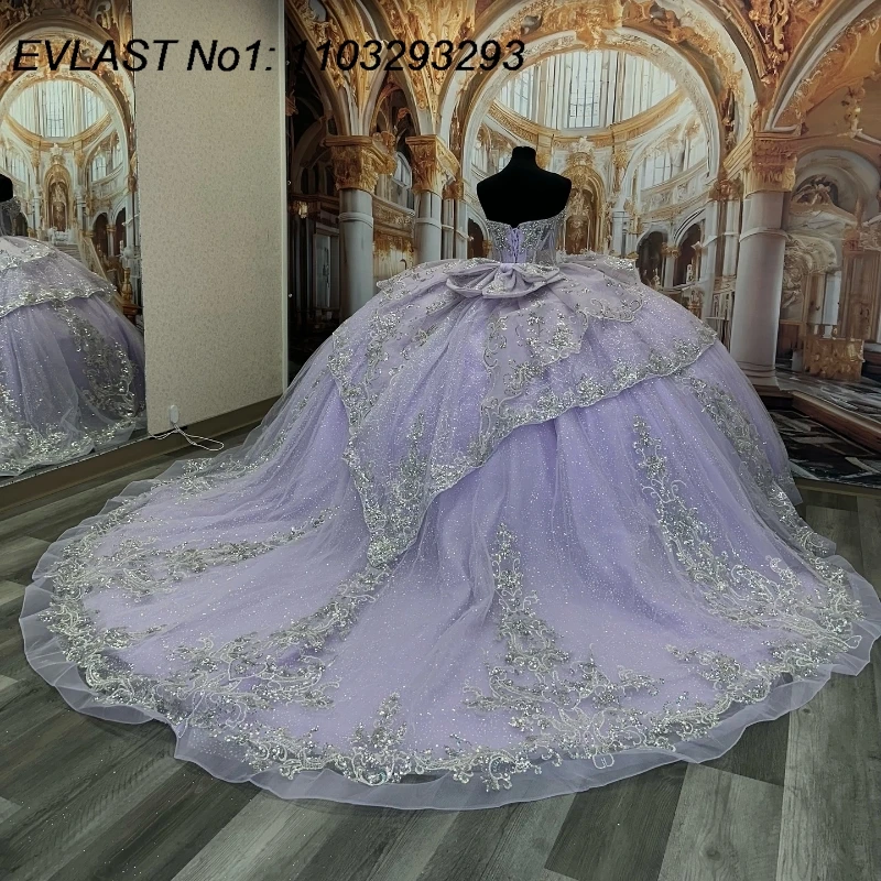 EVLAST Lilac Ball Gown Quinceanera Dress Silver Lace Applique Beaded Bow Sweet 16 Vestidos De 15 Anos E1Q623