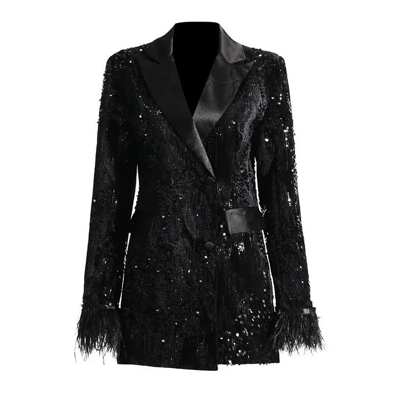 

Women Patchwork Sequins Feather Blazers Lapel Long Sleeve Single Breasted Design Slim Stage Party Club Sexy Office Lady Coats