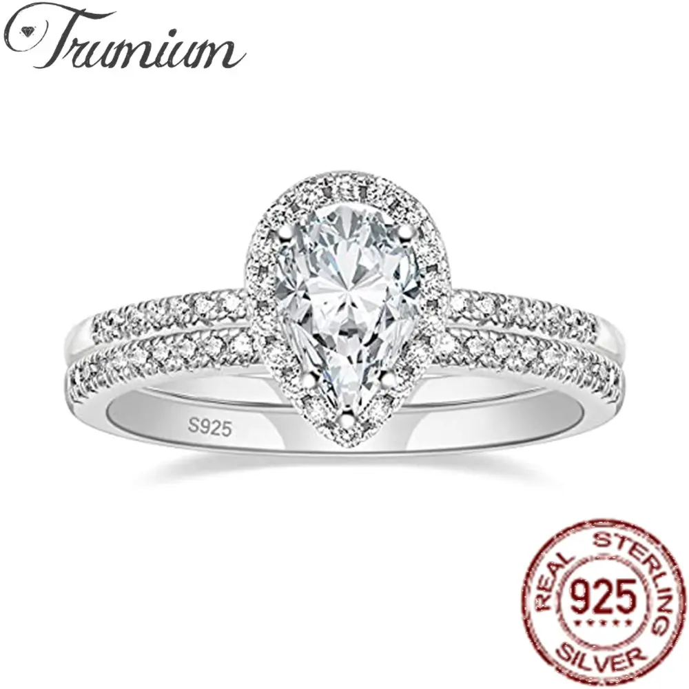 

Trumium 1.5CT 925 Sterling Silver Wedding Band Teardrop Bridal Rings Sets Cubic Zirconia Fine Jewelry Promise Women Rings