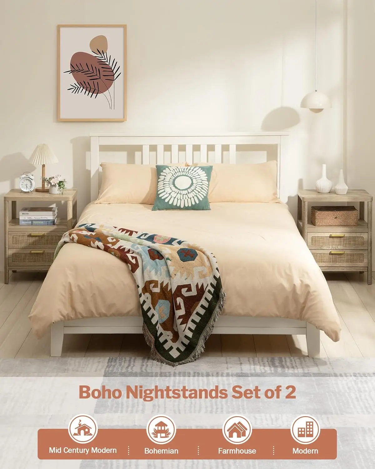 Rattan Nightstands Set of 2-Bedside Tables with 2 PE Rattan Drawers, Night Stand with Open Wood Shelf, Farmhouse Bed Side
