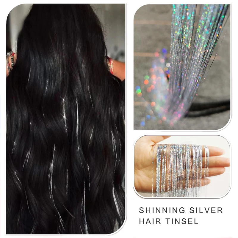 LUPU 24 Inch Hair Tinsel Kit 1200 Strands Glitter Sparkling Shiny Hair Extensions Heat Resistant Tinsel Strands for  Girls 6 Pcs