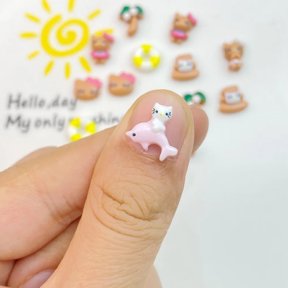 50Pcs New Cute Resin Mini Little Beach Cat Series Flat Back Manicure Parts Embellishments For Hair Bows Accessories
