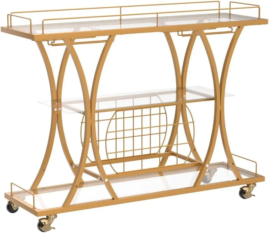 Bar Serving Cart w/ Glass Holder & Wine Rack, 3-Tier Kitchen Trolley Tempered Shelves Gold-Finished Metal Frame, Mobile for Home
