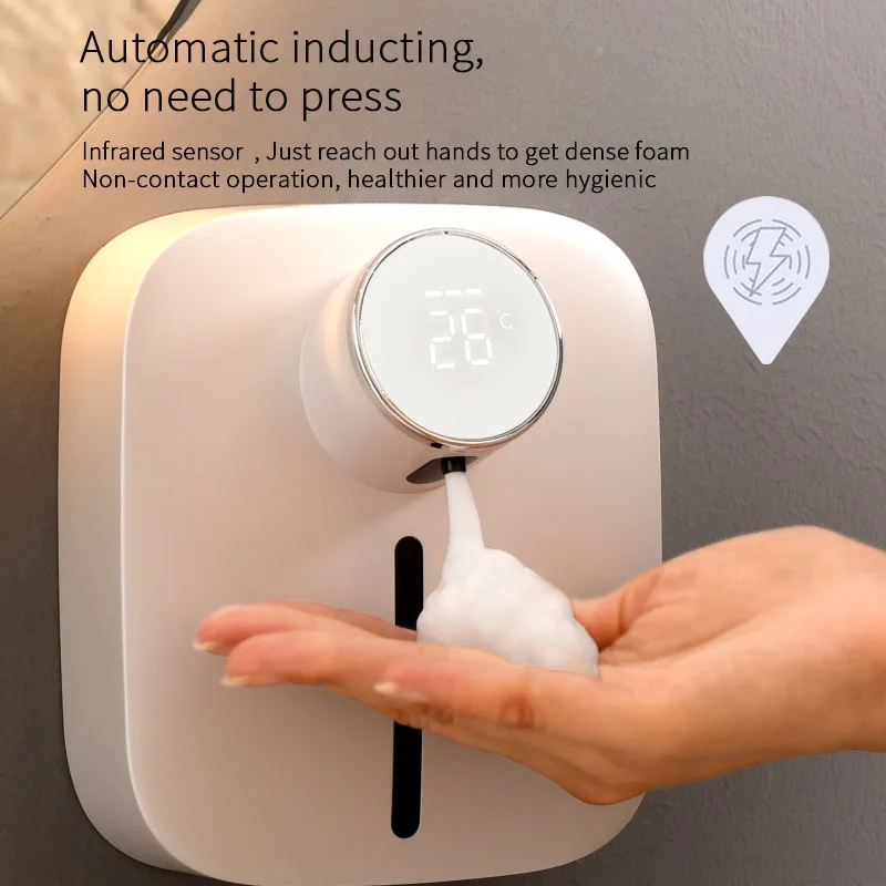 

Wall Automatic Foam Liquid Soap Dispenser with Temperature Digital Rechargeable Sensor Touchless Bathroom Hand Sanitizer Machine