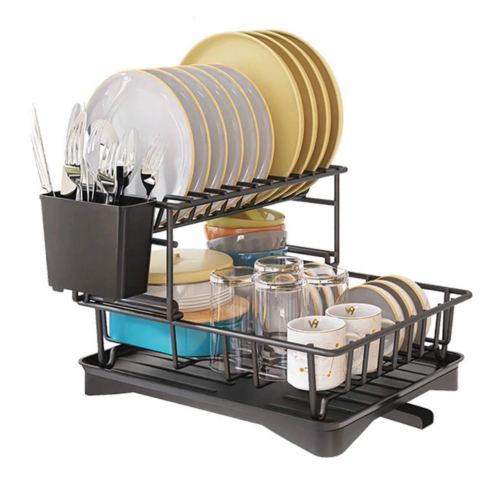 1pc black 2-Tier Dish Drying Rack with Drainboard Set - Large Metal Dish  Racks with Drainage, Wine Glass Holder, Utensil Holder, and Extra Drying  Mat - Kitchen Accessories for Efficient Dish Drying