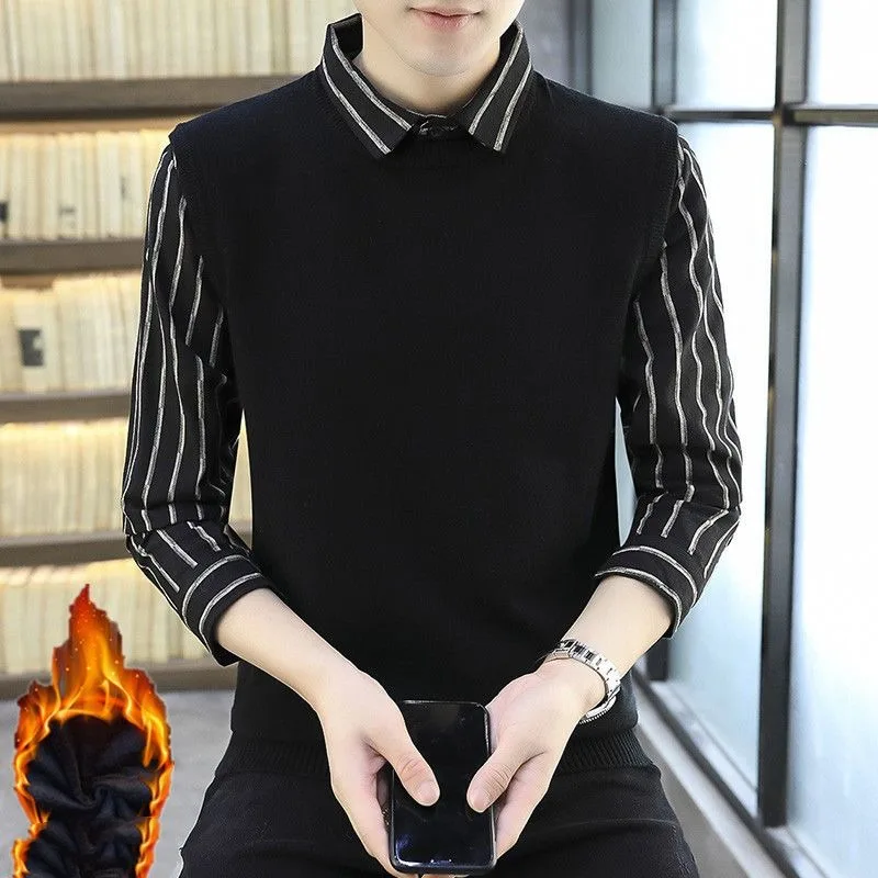 Men's Autumn Winter Pullover Turn-down Collar Button Patchwork Striped Flocking Plaid Long Sleeve Shirt Casual Formal Tops