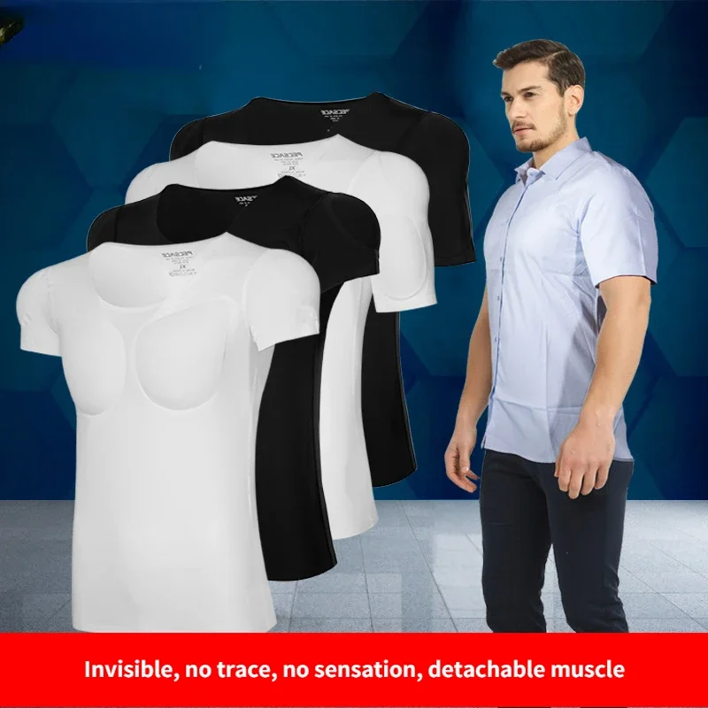 WYGWBD Camiseta De Músculos Falsos Para Hombre, Con Hombreras Acolchadas Para El Pecho, Ropa Interior Invisible Y Transpirable, Color Blanco, Talla M