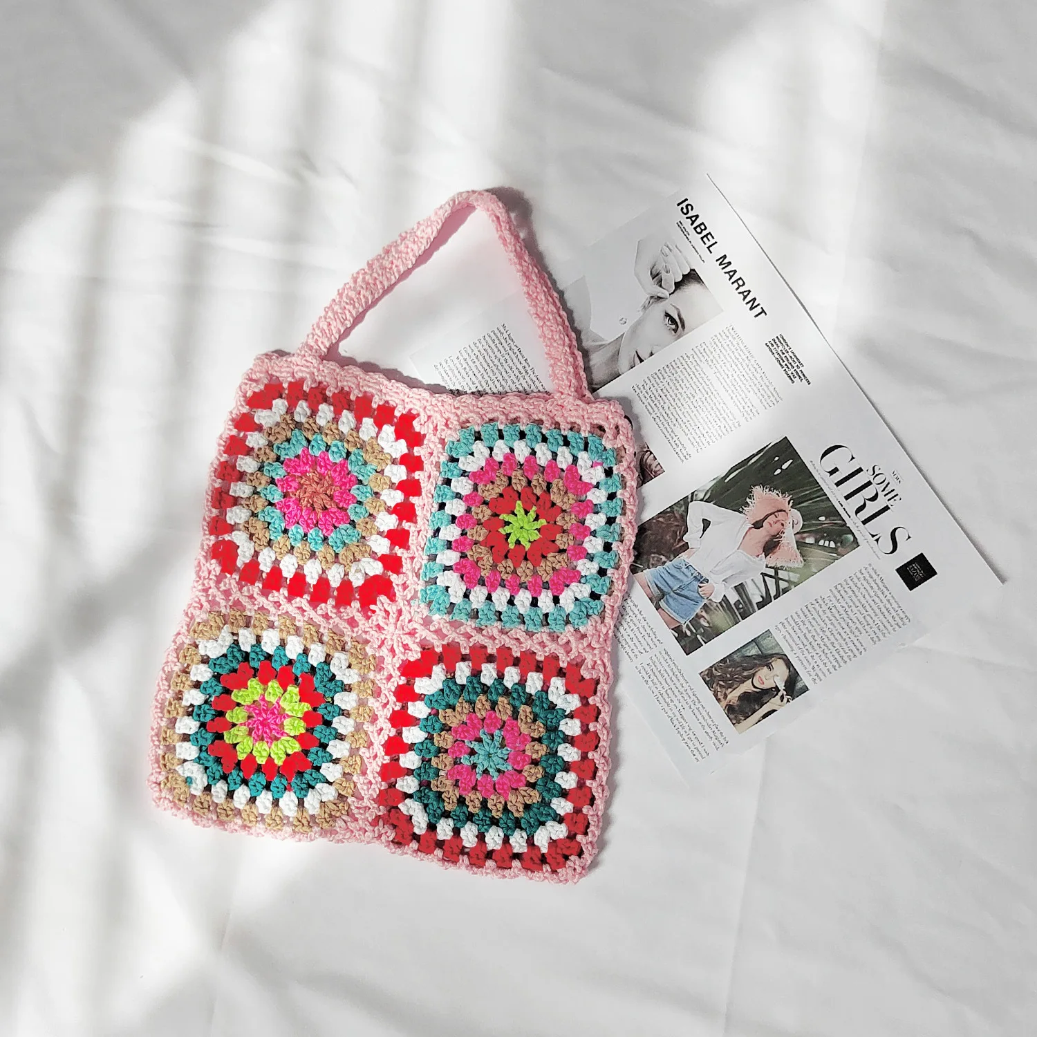 Portable Crochet Bag Small Zipper Closure with Handle Tote Gift Holder Case Yarn Flower, Size: 14cmx15cm