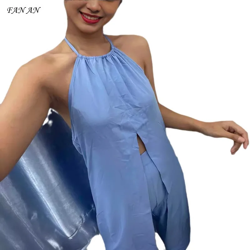 2024 Summer Fall Fashion Casual Halter Sleeveless Sexy Halter Loose Split Dress High Waist Pant Suit Women's Two-piece Set