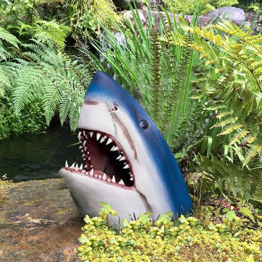 

Creative White Shark Garden Art Statue Resin Lifelike White Shark Head Crocodile Sculpture Wall Hanging Home Yard Garden Decor