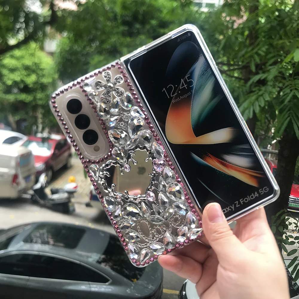 Bling Rhinestone Broken Heart Mirror Phone Case with Diamond Flower and Water Drop Crystal Design