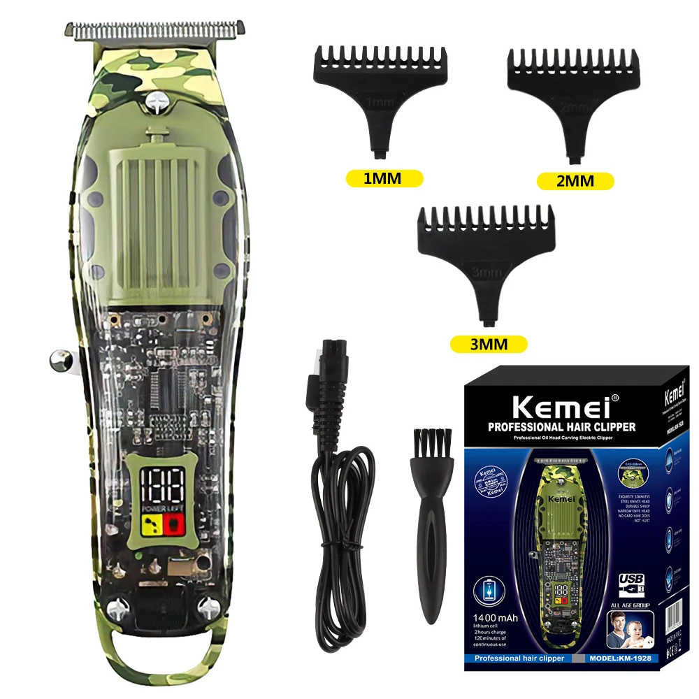 Kemei KM-1928 Professional Hair Clipper Adjustable Electric Men's Hair Cutting Machine Cordless Transparent Camouflage Trimmer domus 1928 1939