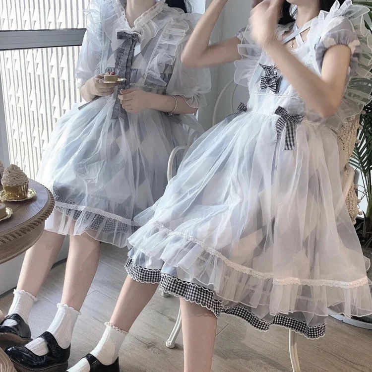 

Twin Alice Blue Plaid Lolita Sweet Cute Girl Ruffles Dresses Pearl Fairy jsk OP Fairy Princess Dress Women's Summer Fashion