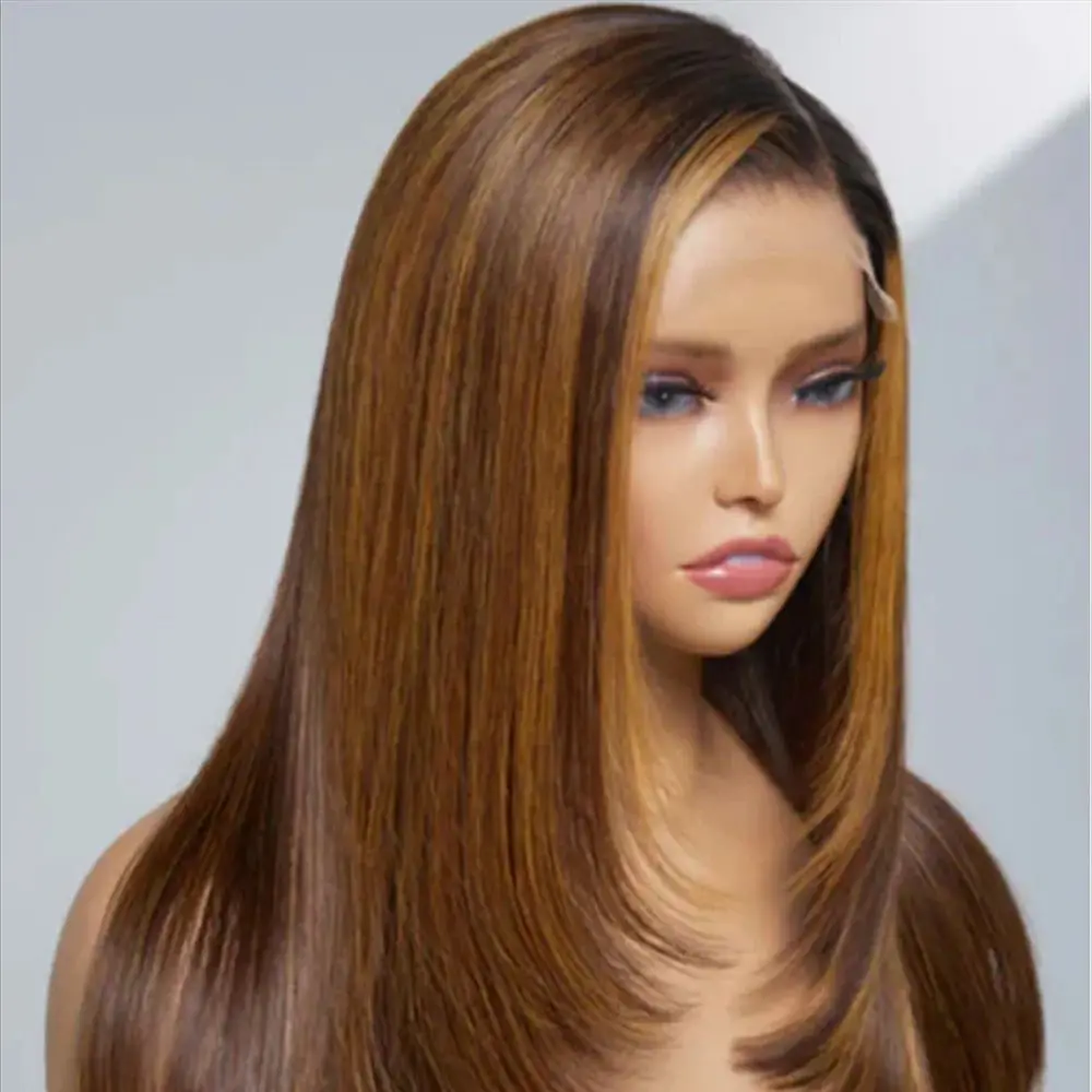Soft Long Highlight Brown 18" 5x5 Silk Base Straight Jewish Human BabyHair HD Lace European Hair Preplucked Glueless Daily