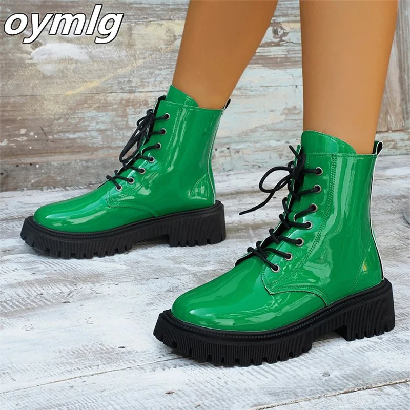 Large Women's Boots 2023 Autumn New Lacquer Leather Mid Heel Round Head Short Tube Motorcycle Handsome Slim Boot Trend
