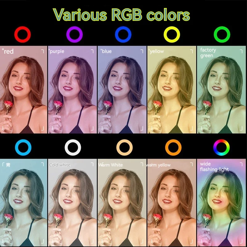 삼각대 셀카 라이트가 포함된 RGB 전화 필 라이트 10인치 12인치 눈부신 컬러 라이브 뷰티 사진 회의 링 라이트 필 라이트