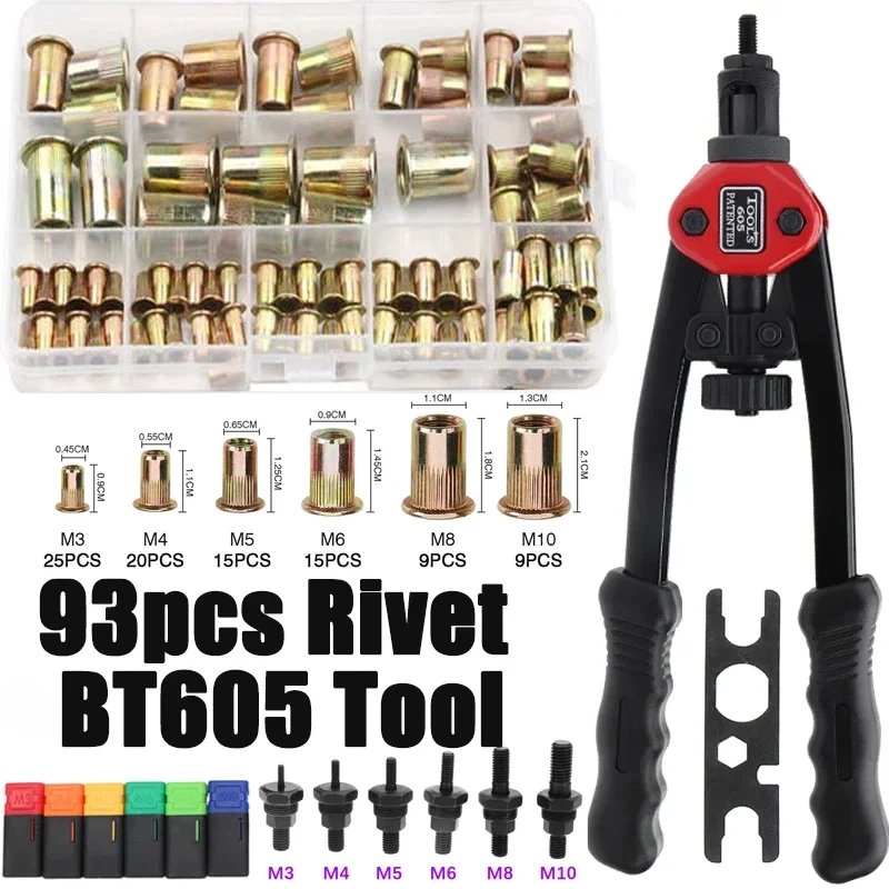Rivet Gun Rivet Nut Tool Rivet Gun Set 93pcs Rivet Nut Hand Threaded Rivet Nuts Gun BT605 M3 M4 M5 M6 M8 M10 Double Insert Manual Riveter Gun Riveting Rivnut Tool