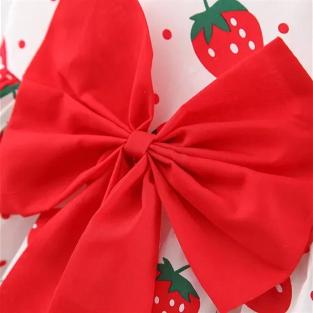 Girls Dress Summer Baby Girl Dress Sweet Hanging Strap Strawberry Print Big Bow Cotton Cloth Dress Comes with Same Hat as a Gift