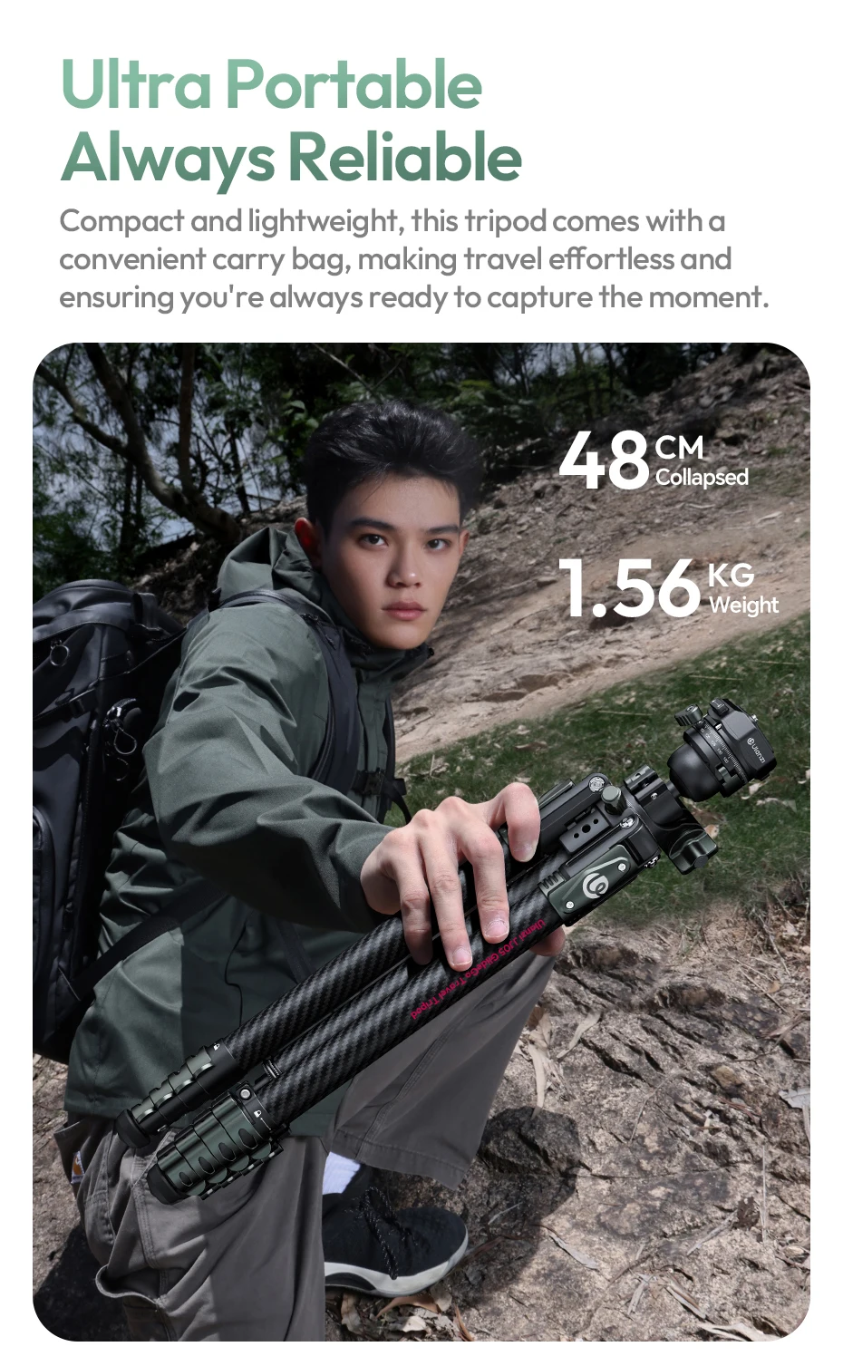 GlideGo Travel Tripod Carbon Fiber Tripod with Dual-Section Center Column for Lo