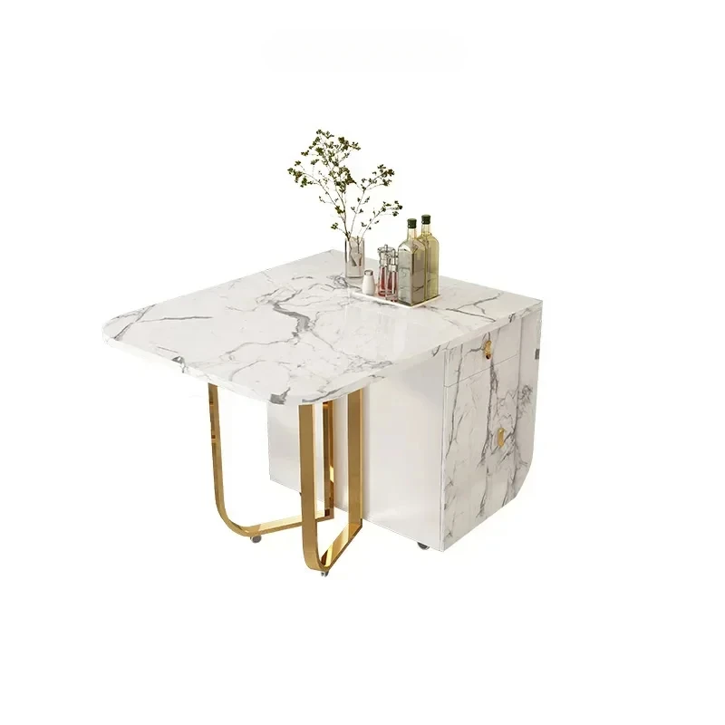 Movable Folding Dining Table with Storage Rack and 2 Drawers Extendable Versatile Kitchen Table and Metal Folding Dining Chairs