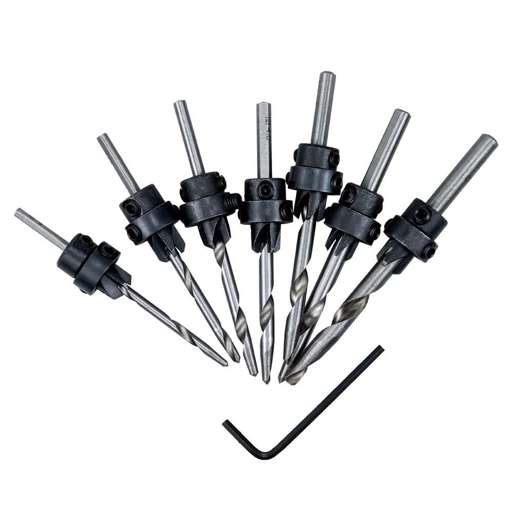 

7Pcs Flute Countersink Drills Bits Countersunk Head Drilling Bit Set Woodworking Drill Bits With Wrench 3/3.5/4/4.5/5/5.5/6mm