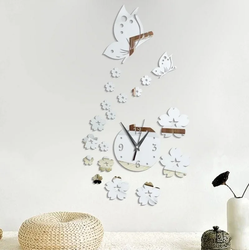 Acrylic Mirror Stickers Wall Clock Modern Design Butterfly 3D DIY Clocks for Girl Gift Living Room Home Decor wall clock wall clock sticker