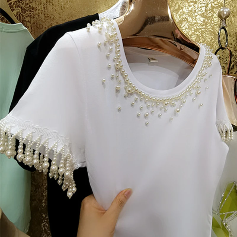 ChicPearlsBeadedTasselsCottonBlendedWhiteTshirtsONeckFairy