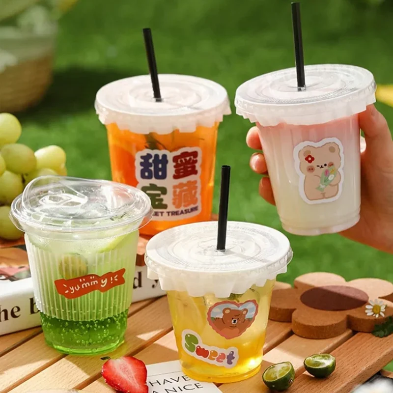 20pcs 500ML Plastic Disposable Cups with Lids Straws Leak Proof Paper Stickers DIY Fruit Juice Beer Milk Tea Beverage Utensils