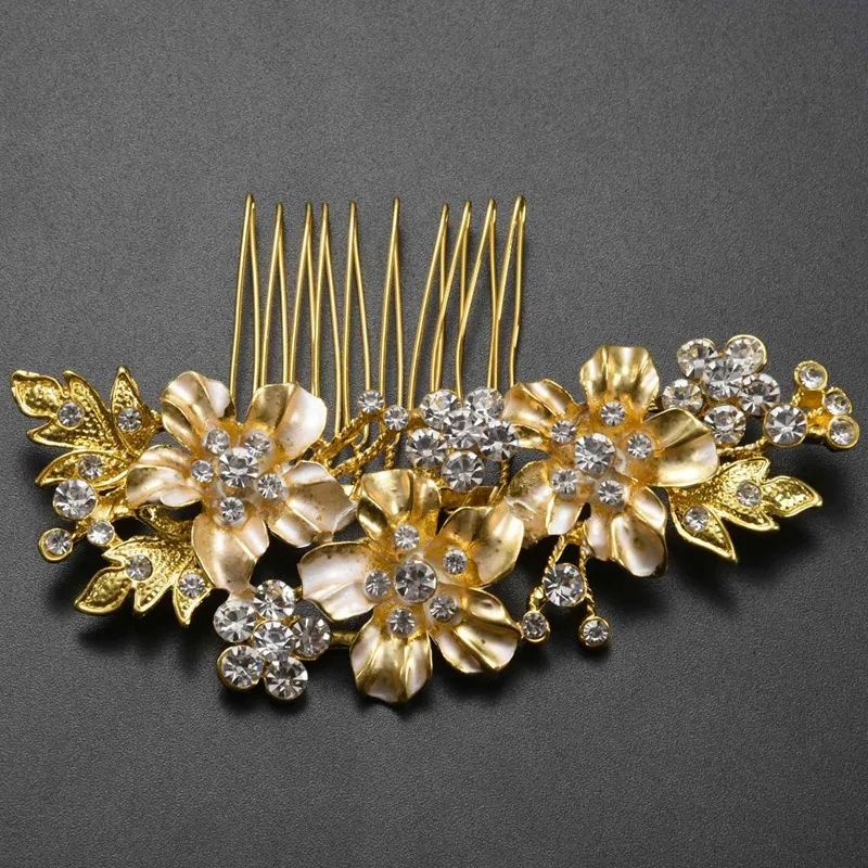 2X Wedding Bridal Hair Combs Vintage Imitation Crystal Hairpins Prom Jewelry Flower Pattern Hair Accessories Women Gold