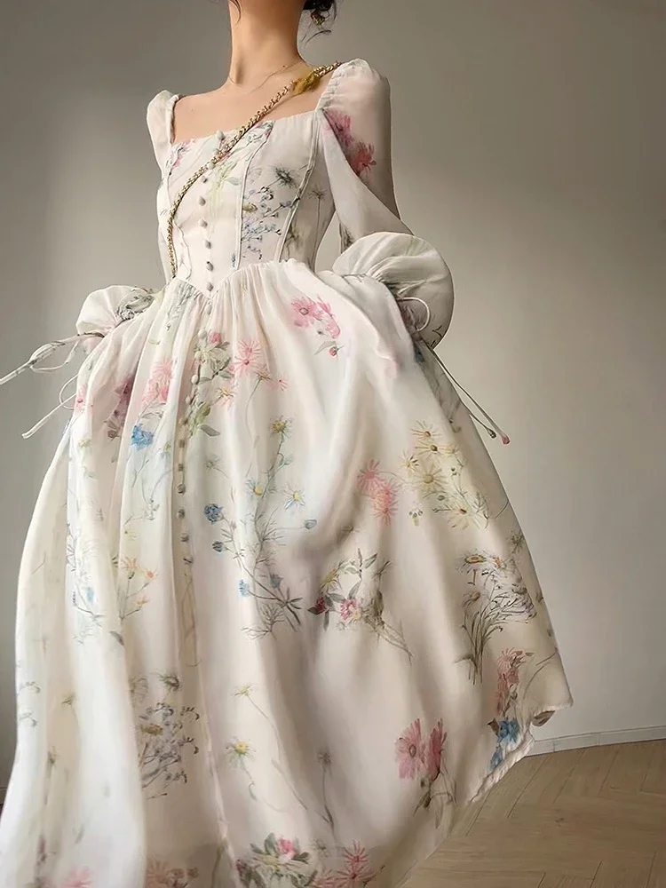 

French Elegant Floral Midi Dress Chiffon Long Sleeve Evening Party Dress Woman Beach Fairy One Piece Dress Korean 2024 Summer