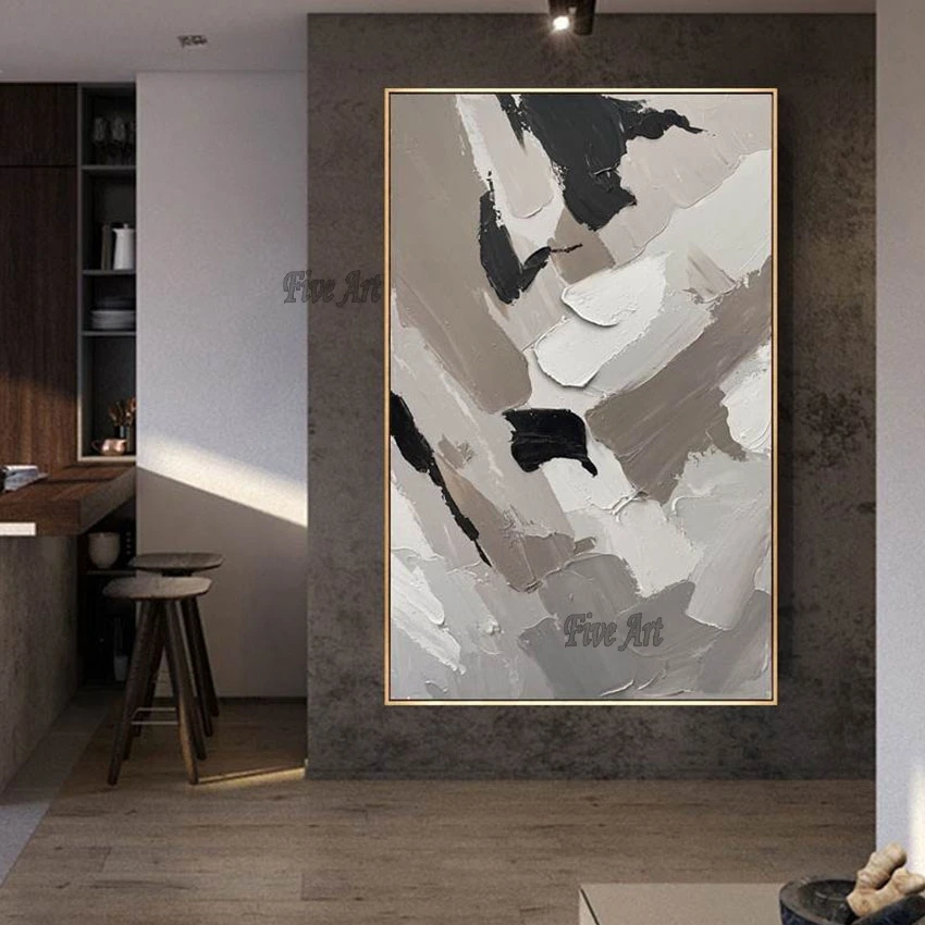 

Handmade Showpiece For Home Decoration Palette Knife Abstract Painting Black And White Wall Picture For Restaurant No Frame