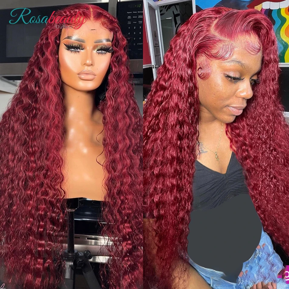 99j Burgundy Transparent Deep Wave Lace Frontal Wig 13x4 Red Colored