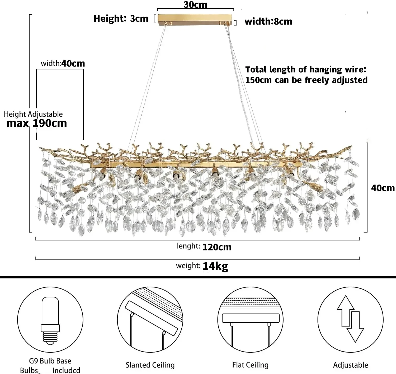 Gold Branch Crystal Ceiling Chandelier For Dining Room Kitchen Table Living Room Bedroom Rectangular