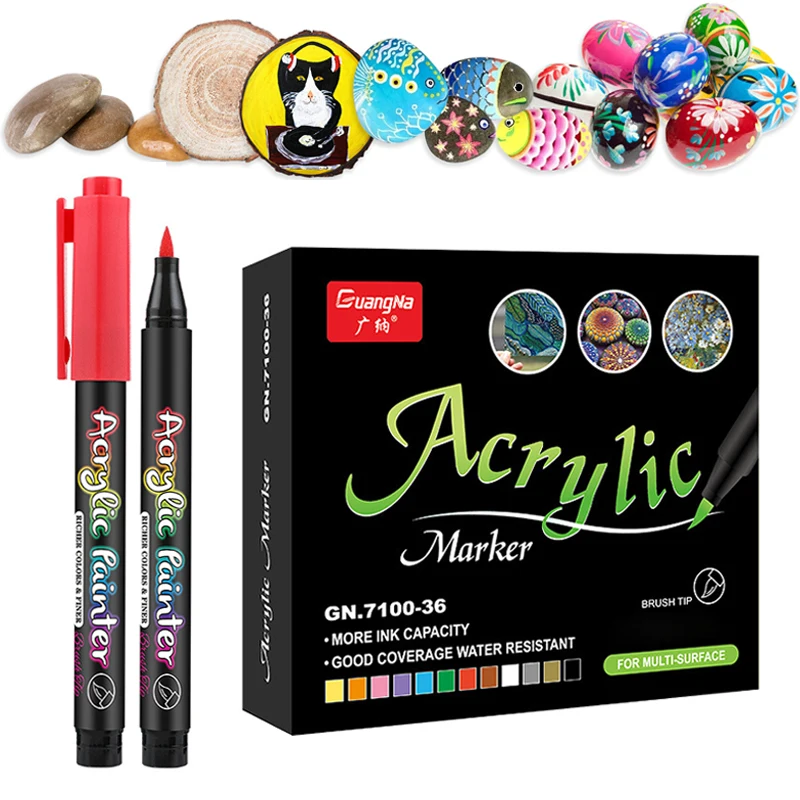 Acrylic Paint Pens 12/36 Colors Brush Marker for Rock Painting Ceramic Glass Wood Stone Canvas DIY Card Making |