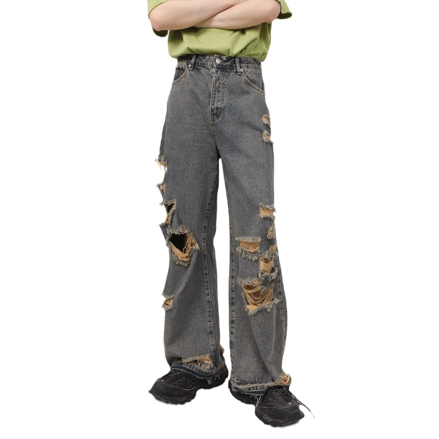 2024 Summer New Korean Edition Personalized Straight Barrel Broken Hole Beggar Casual Jeans men\'s for Men streetwear