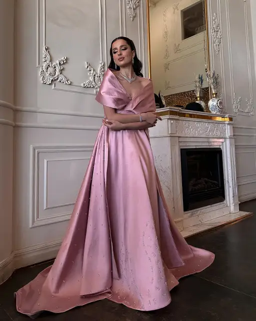 Luxury Dubai Pink Satin Evening Dresses with Train Off Shoulder Arabic for Wedding Party Gowns 481 (Customer Link) 1
