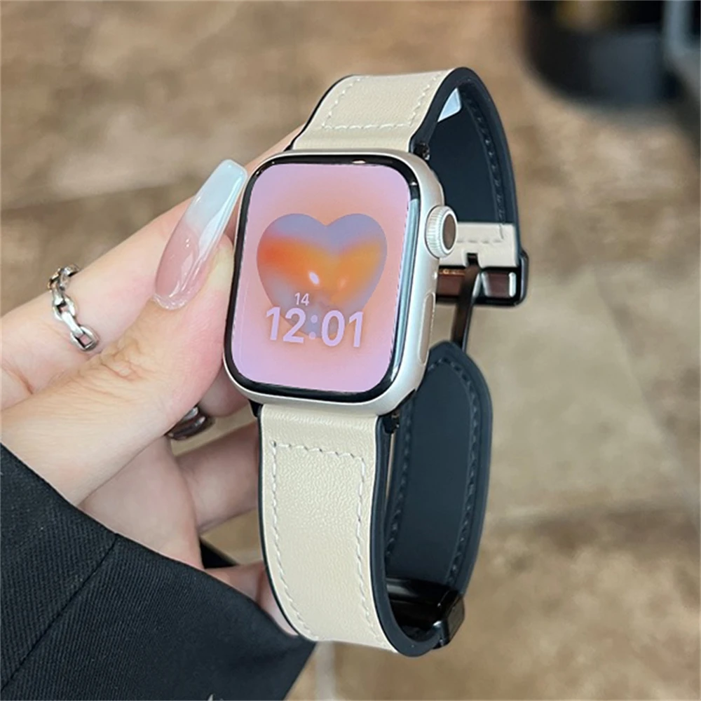 Korea Pink Denim Canvas Leather Watch Band For iWatch Series 8 7 6 5 4 3 SE  Girl Casual Strap For Apple Watch 41mm 40mm 44 45 49 - AliExpress