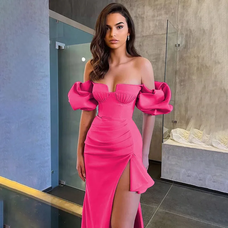 european-and-american-fashion-new-style-women's-sexy-tube-top-puff-sleeve-off-shoulder-high-stit-bandage-one-piece-dress-elegant