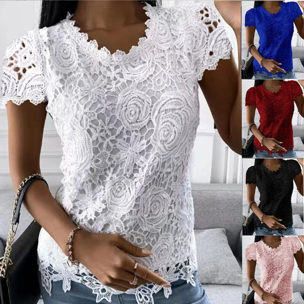 Women Summer Lace Crochet Short Sleeve Loose Tshirt