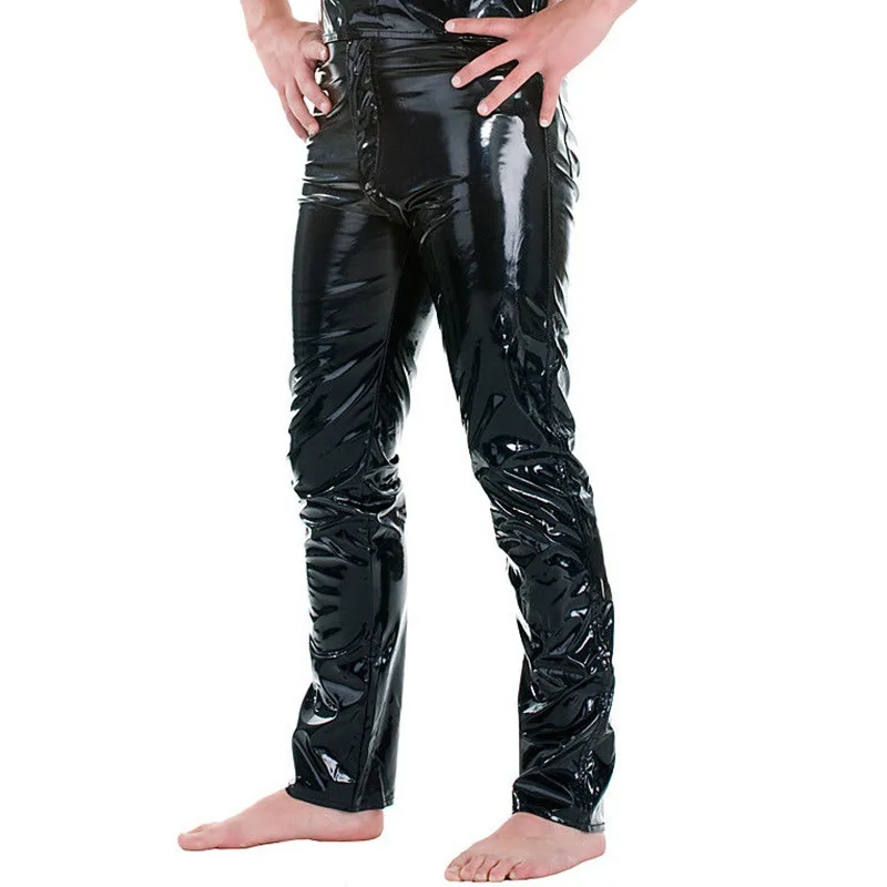 Skinny Pants Leather Pants Latex Mens Pants Shiny Wet Look PU Leather Pants Fashion Tight Trousers for Club Stage Show Rock Band Performance