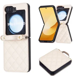 Elegant Diamond Leather Crossbody Case with Shoulder Strap - Slim Folding Cover for Z Flip 7FE (Beige)