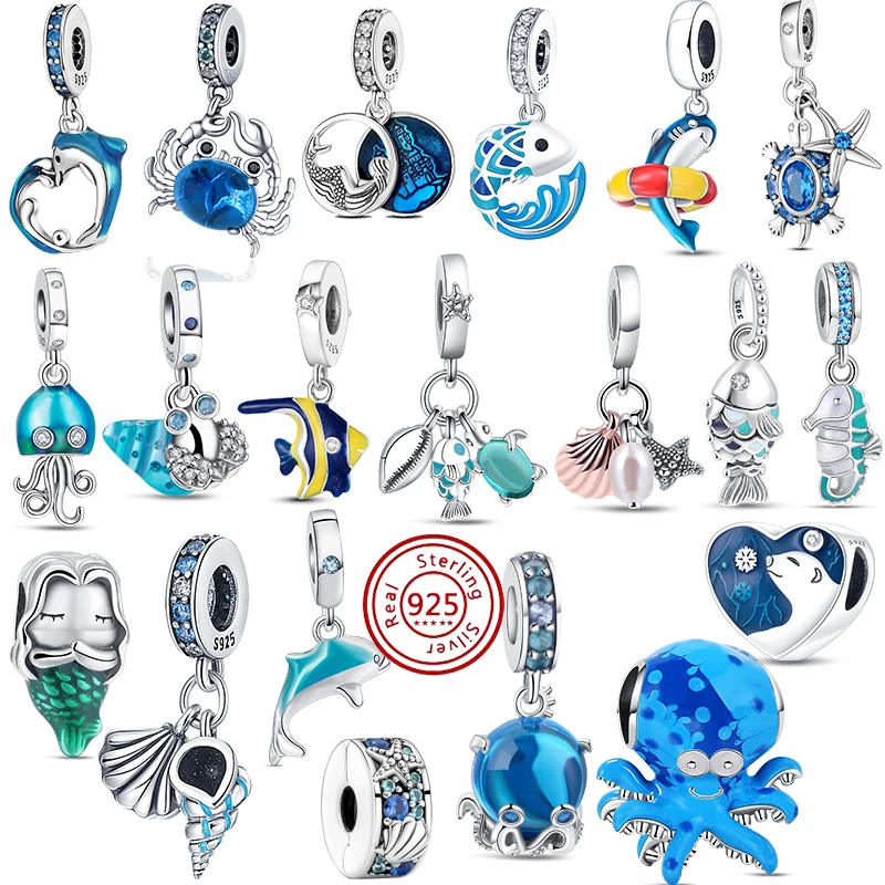 

2023 New Summer Jellyfish Blue Gecko Hermit Crab Fish Sea Turtle Charm Dangle 925 Sterling Silver For Original Pandora Bracelet