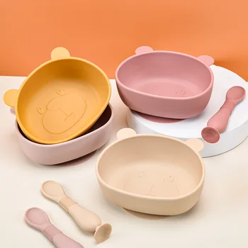 아기용 실리콘 팬더 요리, BPA 프리, 실리콘 아기 수유 그릇 식기, 방수 스푼, 미끄럼 방지 그릇, 1 세트당 2 개