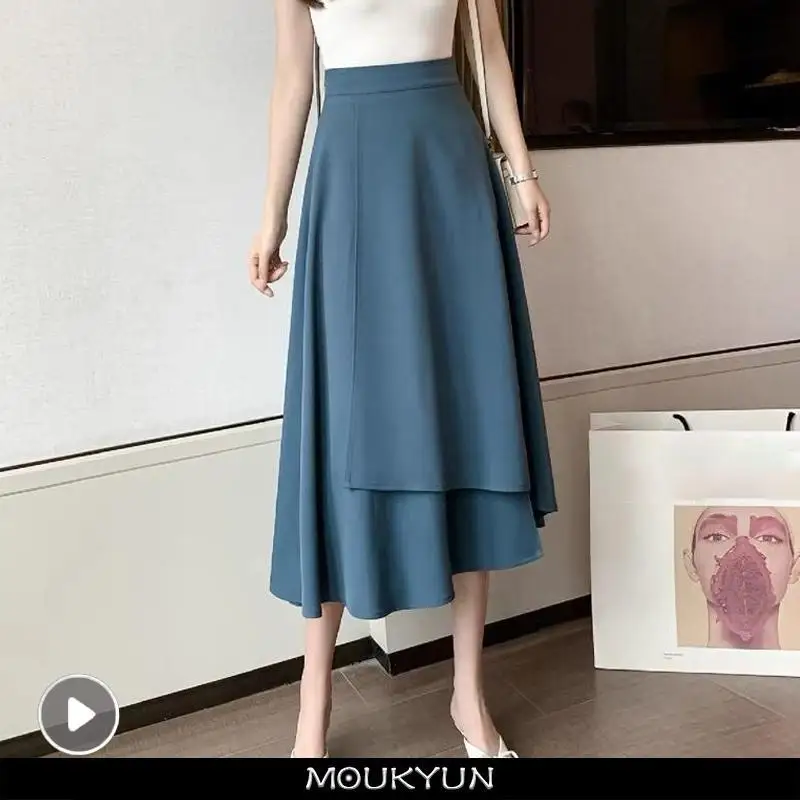 

MOUKYUN Summer New Irregular Split Skirt Women's High-waisted Slimming Crotch Cover Professional Big Swing A-line Midi Skirt