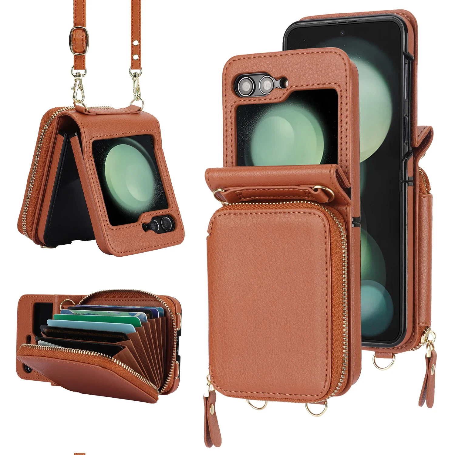 Elegant Crossbody Leather Wallet Case with Zipper Purse and RFID Protection