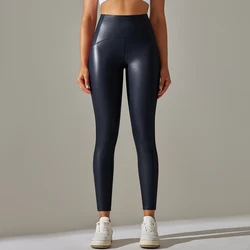 Autumn Winter High-Waist Velvet Leather Leggings - Sexy & Slimming - M (Navy)