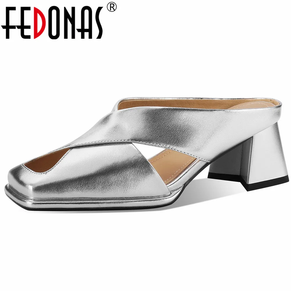 

FEDONAS 2024 Women Genuine Leather Sandals Thick High Heeled Party Wedding Shoes Woman Fashion Square Toe Summer Shoes Pumps