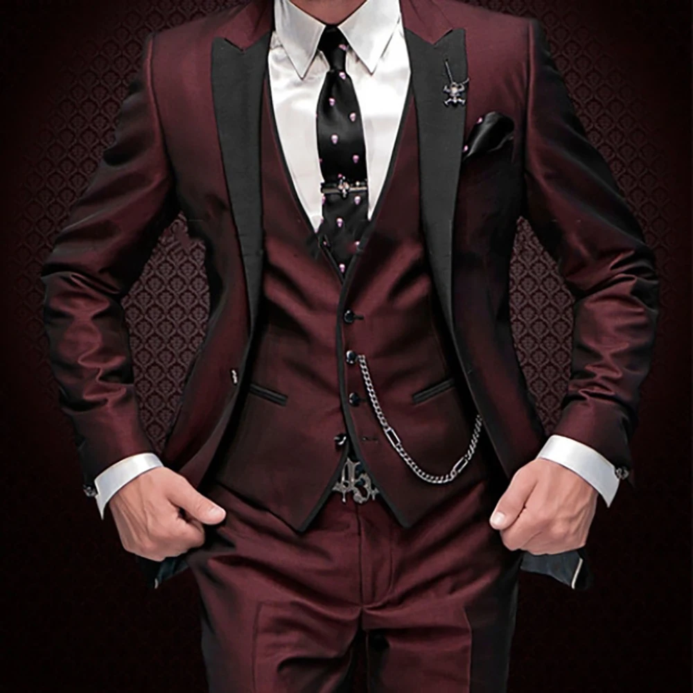 

Men's Tuxedo Tailcoat Burgundy Peaked Lapel Male Suits 2 Pieces Luxurious Classic Style Groom Tuxedos Groomsmen Smoking Homme