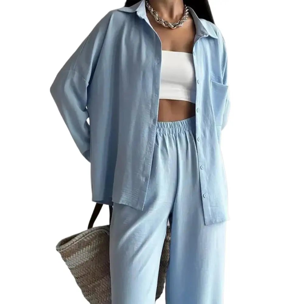 Autumn Winter Women Blouse and Wide Leg Trousers Set