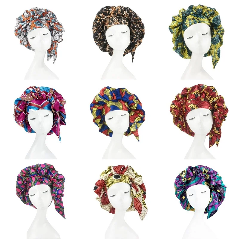 Extra Large African Pattern Print Satin Bonnet Women Night Sleep Cap Adjustable Wide Band Elastic Head Wrap Hair Bonnet Hat 6